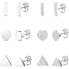 6-8 Pairs Stainless Steel Stud Earrings for Women Men Dainty CZ Tiny Stud Earring Mini Stick Ear Climbing Earrings Star Moon Heart Bar Ear Stud Earrings Set
