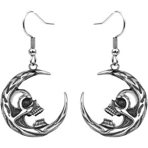 Gothic Skull Moon Dangle Earrings for Women Men, Crescent Skeleton Drop Earrings for Eboy Egirls Punk Style Halloween Party Costume Jewelry