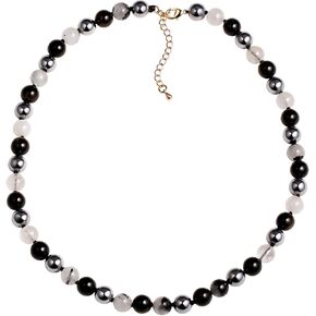 Jewever Natural Gemstone Chokers Necklaces for Women Men Crystal Beaded Necklaces Crystals and Healing Stones Triple Protection (Black Obsidian/Terahertz/Black Rutilated Quartz)