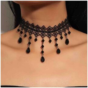 Erimberate Goth Black Crystal Dangle Necklace Waterdrop Rhinestone Necklace Choker Vintage Hollow Lace Necklace Black Tattoo Necklace Jewelry for Woman and Girls Halloween Wedding Party Cosplay Gifts