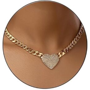 Heart Necklaces for Women Rhinestone Heart Choker Neckalce Gold Chunky Cuban Link Chain Necklace CZ Heart Pendant Punk Statement Necklace for Women Teen Girls Jewelry Necklace