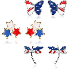 coadipress 3 Pairs American Flag Stud Earrings for Women Girls Fashion Red Blue Star Butterfly Dragonfly July 4th USA Patriotic Independence Day Earrings Jewelry Accessory