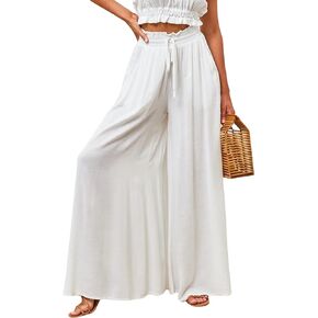 Women's Wide Leg Palazzo Maxi Flowy Pants Elastic High Waist Casual Drawstring Lounge Culotte with Pocket