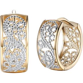 14K Gold Silver Wide Filigree Hoop Earrings Hollow Carved Flower Texture Earrings For Womens Men