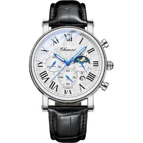 FANMIS Men's Classic Multifunctional Military Sports Analog Watch Business Dress Waterproof Luminous Chronograph Starry Sky Moon Phase Leather Wristwatch
