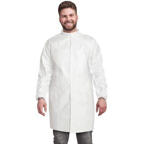 AMZ Disposable Lab Coat, 3X-Large. Pack of 10 White Disposable Lab Coats for Adults. 60 GSM Microporous Disposable Coats Medical PPE with Elastic Wrists, Loop Fasteners, Mandarin Snap Collar