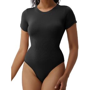 Women's Crew Neck Short Sleeve Bodysuit Seamless Ribbed Triangle T-shirt Tops Basic Shapewear Jumpsuit Leotard