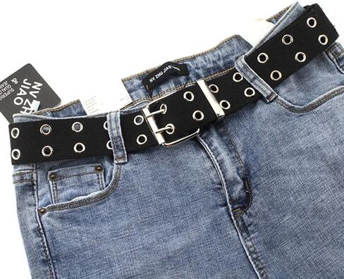 Punk Canvas Double Grommet Holes Belt 2-Row Studded Women Men Waist Strap Gift(black) in Saudi Arabia