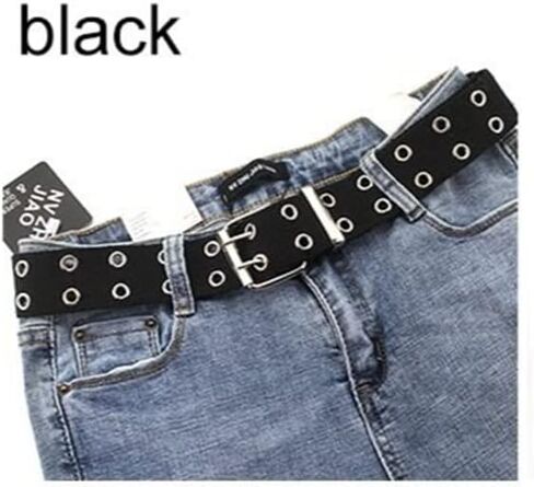Punk Canvas Double Grommet Holes Belt 2-Row Studded Women Men Waist Strap Gift(black) in Saudi Arabia