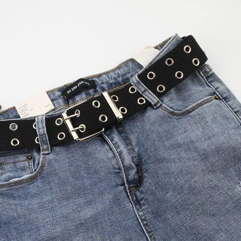 Punk Canvas Double Grommet Holes Belt 2-Row Studded Women Men Waist Strap Gift(black) in Saudi Arabia