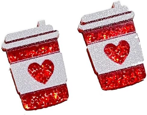 أقراط كأس القهوة الحمراء للنساء والفتيات من الأكريليك الأنيق اللامع على شكل قلب خفيفة الوزن لا تسبب الحساسية ولامعة وجذابة في عيد الحب وعيد الميلاد وعيد الميلاد وهدايا المجوهرات in Kuwait