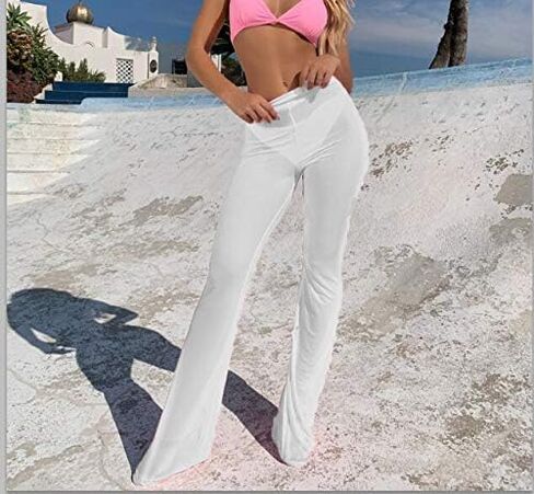 Women's Sheer Mesh Ruffle Pants Swimsuit Bikini Bottom Cover up Party Club Elastic High Waist Wide Leg Beach Pants in Kuwait