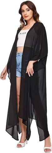 SweatyRocks Women's Flowy Kimono Cardigan Open Front Maxi Dress Solid Black XL in Saudi Arabia