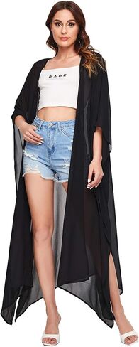 SweatyRocks Women's Flowy Kimono Cardigan Open Front Maxi Dress Solid Black XL in Saudi Arabia