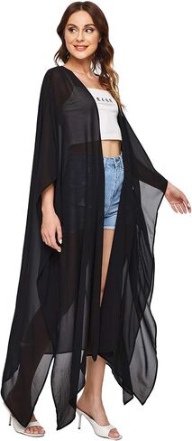 SweatyRocks Women's Flowy Kimono Cardigan Open Front Maxi Dress Solid Black XL in Saudi Arabia