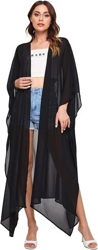 SweatyRocks Women's Flowy Kimono Cardigan Open Front Maxi Dress Solid Black XL in Saudi Arabia