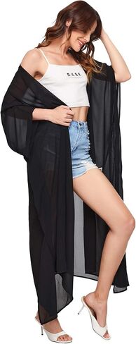 SweatyRocks Women's Flowy Kimono Cardigan Open Front Maxi Dress Solid Black XL in Saudi Arabia