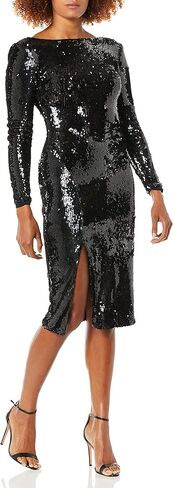 Dress the Population Women's Natalie Long Sleeve Stretch Sequin Midi Sheath Dress in Saudi Arabia