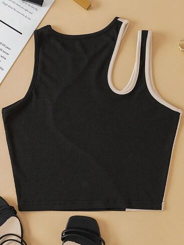Floerns Women's Plus Size Colorblock Sleeveless Cut Out Asymmetrical Neck Crop Tank Top in Saudi Arabia