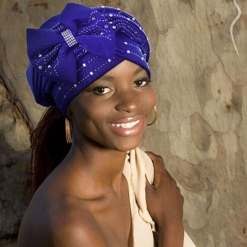 Yeilhile Bowknot Turban Blue Rhinestone Head Wrap Stretchy Pre-Tied Head Cover Cap Headwear Ideal Daily Wear for Women, Blue, One size in Kuwait