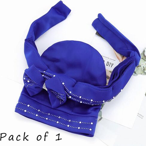 Yeilhile Bowknot Turban Blue Rhinestone Head Wrap Stretchy Pre-Tied Head Cover Cap Headwear Ideal Daily Wear for Women, Blue, One size in Kuwait