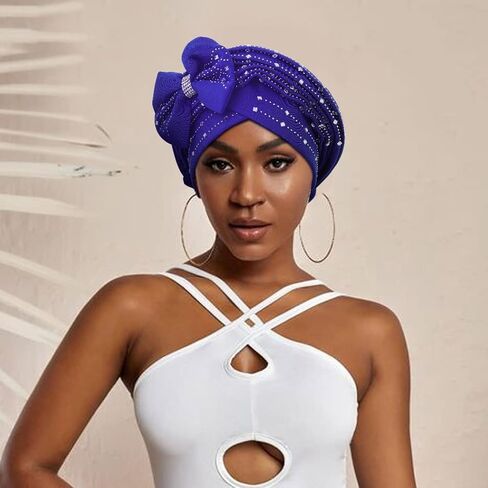 Yeilhile Bowknot Turban Blue Rhinestone Head Wrap Stretchy Pre-Tied Head Cover Cap Headwear Ideal Daily Wear for Women, Blue, One size in Kuwait
