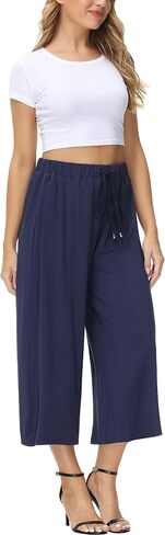 HOW'ON المرأة مرونة الخصر واسعة الساق عارضة بالازو كابري كولوتيس السراويل الناعمة متماسكة اقتصاص السراويل in Kuwait