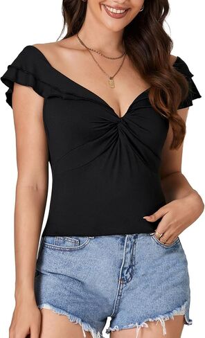OPOIPIN Women's Sexy Off Shoulder Twist Front Lettuce Trim Short Sleeve Slim Fit Crop Top Tee in Saudi Arabia