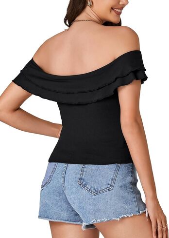 OPOIPIN Women's Sexy Off Shoulder Twist Front Lettuce Trim Short Sleeve Slim Fit Crop Top Tee in Saudi Arabia