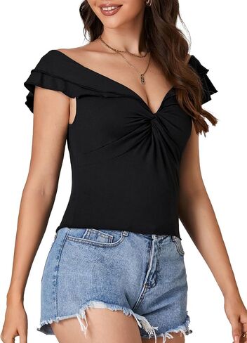 OPOIPIN Women's Sexy Off Shoulder Twist Front Lettuce Trim Short Sleeve Slim Fit Crop Top Tee in Saudi Arabia