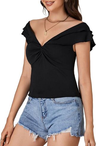 OPOIPIN Women's Sexy Off Shoulder Twist Front Lettuce Trim Short Sleeve Slim Fit Crop Top Tee in Saudi Arabia