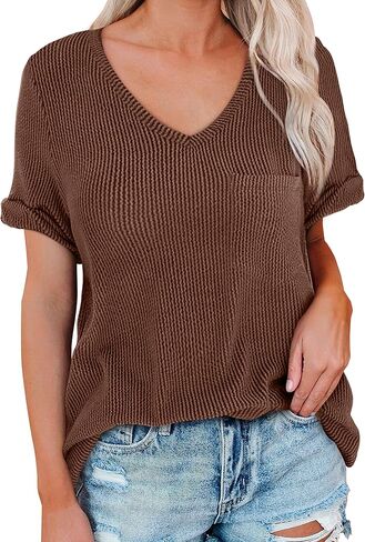 قمصان LOLONG نسائية قصيرة الأكمام ورقبة على شكل حرف V كاجوال مضلعة فضفاضة أساسية in Kuwait