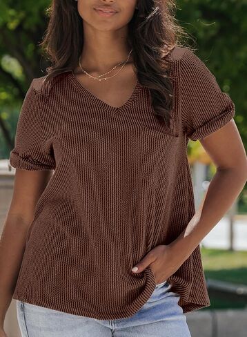 قمصان LOLONG نسائية قصيرة الأكمام ورقبة على شكل حرف V كاجوال مضلعة فضفاضة أساسية in Kuwait