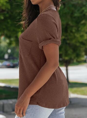 قمصان LOLONG نسائية قصيرة الأكمام ورقبة على شكل حرف V كاجوال مضلعة فضفاضة أساسية in Kuwait