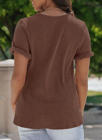 قمصان LOLONG نسائية قصيرة الأكمام ورقبة على شكل حرف V كاجوال مضلعة فضفاضة أساسية in Kuwait