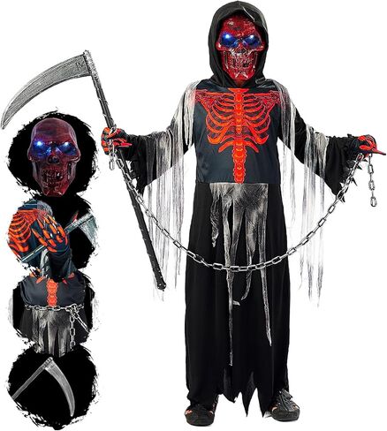 زي غريم ريبر للأطفال بعيون متوهجة قناع الهالوين زي هيكل عظمي أحمر مع قفازات سلسلة المنجل in Kuwait