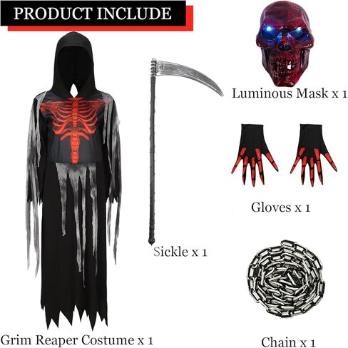زي غريم ريبر للأطفال بعيون متوهجة قناع الهالوين زي هيكل عظمي أحمر مع قفازات سلسلة المنجل in Kuwait