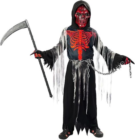 زي غريم ريبر للأطفال بعيون متوهجة قناع الهالوين زي هيكل عظمي أحمر مع قفازات سلسلة المنجل in Kuwait