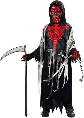 زي غريم ريبر للأطفال بعيون متوهجة قناع الهالوين زي هيكل عظمي أحمر مع قفازات سلسلة المنجل in Kuwait