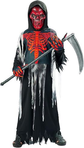 زي غريم ريبر للأطفال بعيون متوهجة قناع الهالوين زي هيكل عظمي أحمر مع قفازات سلسلة المنجل in Kuwait