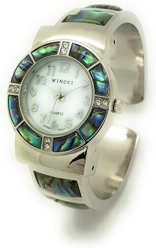 Wincci Ladies Silver Metal Bangle Cuff Fashion Analog Quartz Watch with Stones Mother of Pearl Dial in Saudi Arabia