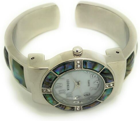 Wincci Ladies Silver Metal Bangle Cuff Fashion Analog Quartz Watch with Stones Mother of Pearl Dial in Saudi Arabia
