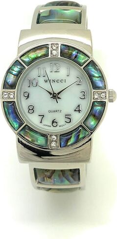 Wincci Ladies Silver Metal Bangle Cuff Fashion Analog Quartz Watch with Stones Mother of Pearl Dial in Saudi Arabia