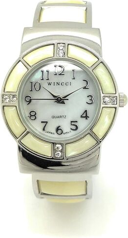Wincci Ladies Silver Metal Bangle Cuff Fashion Analog Quartz Watch with Stones Mother of Pearl Dial in Saudi Arabia