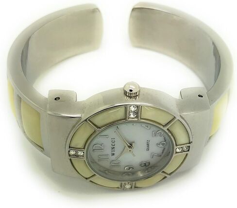 Wincci Ladies Silver Metal Bangle Cuff Fashion Analog Quartz Watch with Stones Mother of Pearl Dial in Saudi Arabia