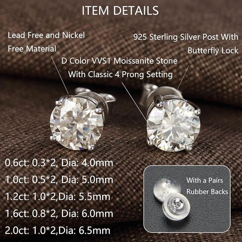 Moissanite Stud Earrings D Color VVS1 Brilliant Lab Created Diamond Earrings 925 Sterling Silver Screw Back Stud Earrings Moissanite Earrings for Women Men in Saudi Arabia