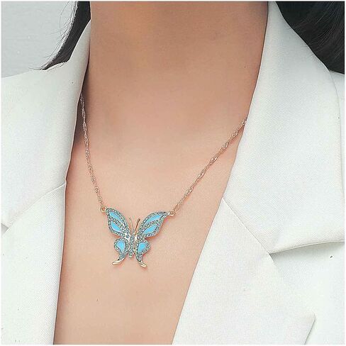 Andelaisi Boho Blue Crystal Butterfly Choker Necklace Blue Crystal Butterfly Pendant Necklace Gold Rhinestone Acrylic Butterfly Necklace Sparkly Cz Butterfly Necklace for Women and Girls in Saudi Arabia