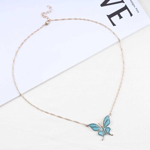 Andelaisi Boho Blue Crystal Butterfly Choker Necklace Blue Crystal Butterfly Pendant Necklace Gold Rhinestone Acrylic Butterfly Necklace Sparkly Cz Butterfly Necklace for Women and Girls in Saudi Arabia