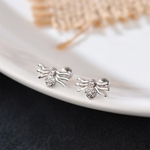 18G Tiny CZ Spider Stud Earring for Women Girls 925 Sterling Silver Hypoallergenic Cute Small Crystal Animal Studs Cartilage Tragus 3.5mm Ball Screw Back 18G Piercing Ear Dainty Halloween Party in Saudi Arabia