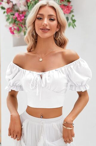 Womens Puff Short Sleeve Crop Tops Square Neck Ruched Front Bow Tie Shirts Cute Summer Vocation Beach Blouse in Saudi Arabia